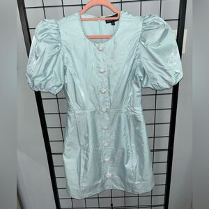 Danielle Bernstein Light Blue Puff Sleeved Dress with Rhinestone Buttons NWT
